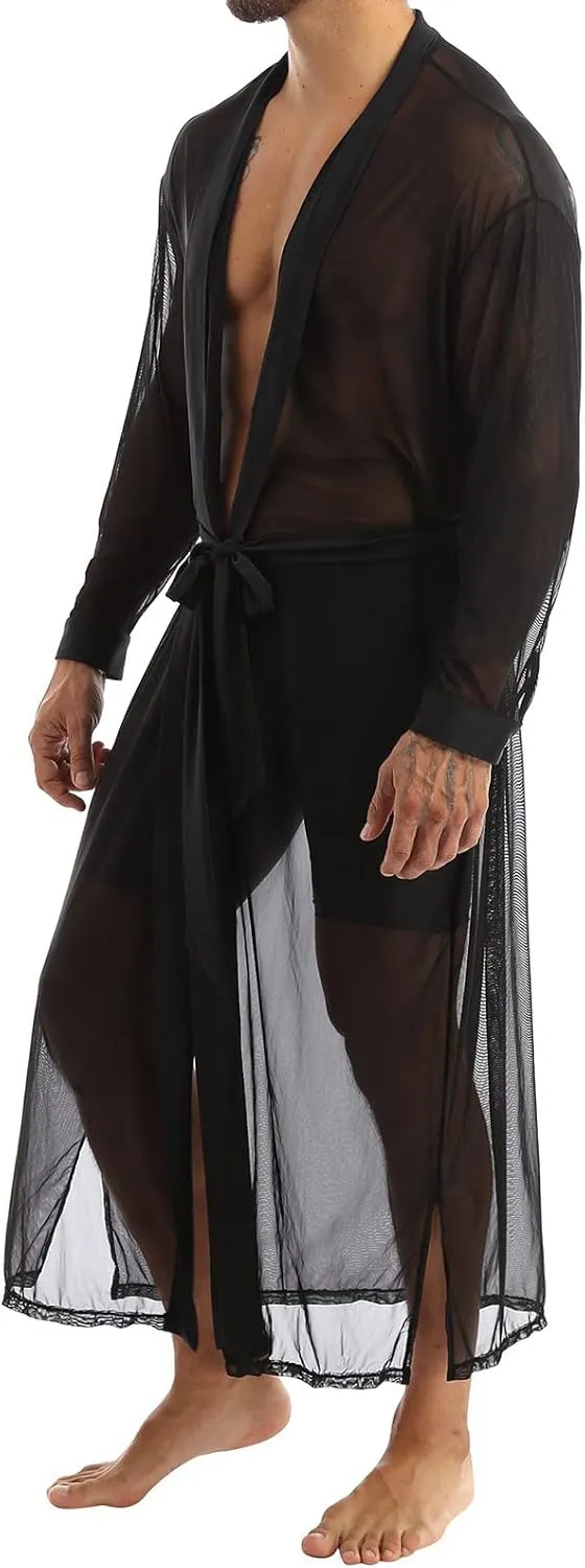 Men Long Shirt Transparent Open Stitch Cardigan Sexy Cloak Casual Tops Streetwear Nightgown Sleepwear Bow Lingerie