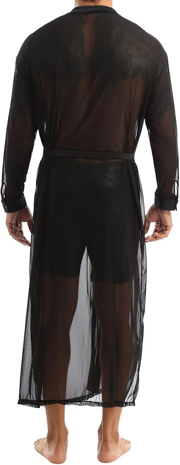 Men Long Shirt Transparent Open Stitch Cardigan Sexy Cloak Casual Tops Streetwear Nightgown Sleepwear Bow Lingerie