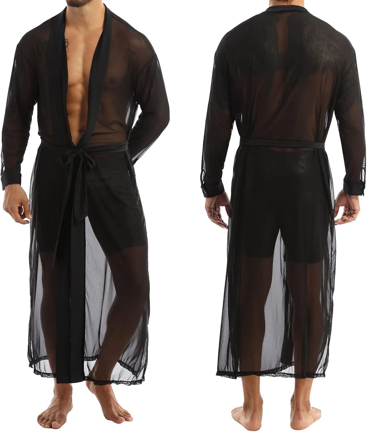 Men Long Shirt Transparent Open Stitch Cardigan Sexy Cloak Casual Tops Streetwear Nightgown Sleepwear Bow Lingerie