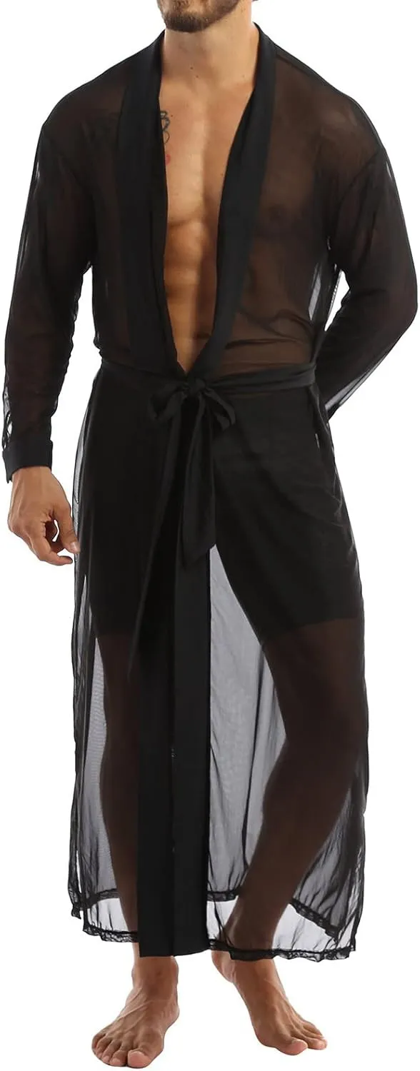 Men Long Shirt Transparent Open Stitch Cardigan Sexy Cloak Casual Tops Streetwear Nightgown Sleepwear Bow Lingerie