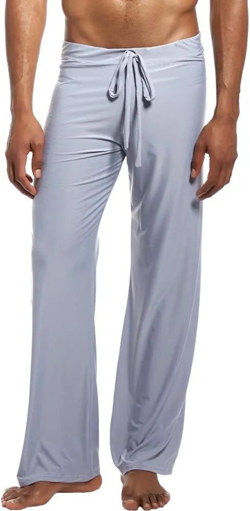 Men Soft Ice Silk Long Yoga Pants Sexy Low Rise Elastic Drawstring Sleep Bottoms