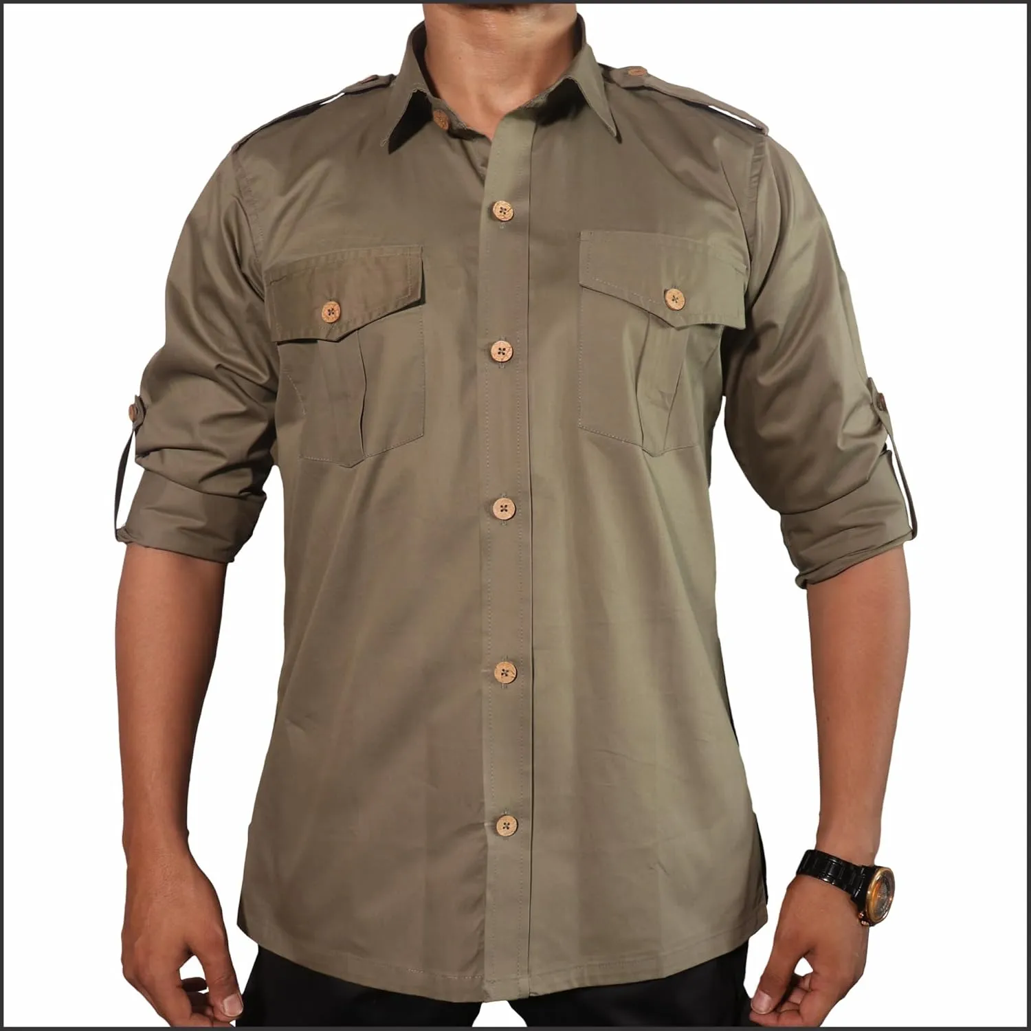 Men's Cotton 2 Pocket Hunting Safari Shirt with Coconut Shell Buttons Quick Dry Hiking Travel Fishing Long Sleeve Cargo Style
