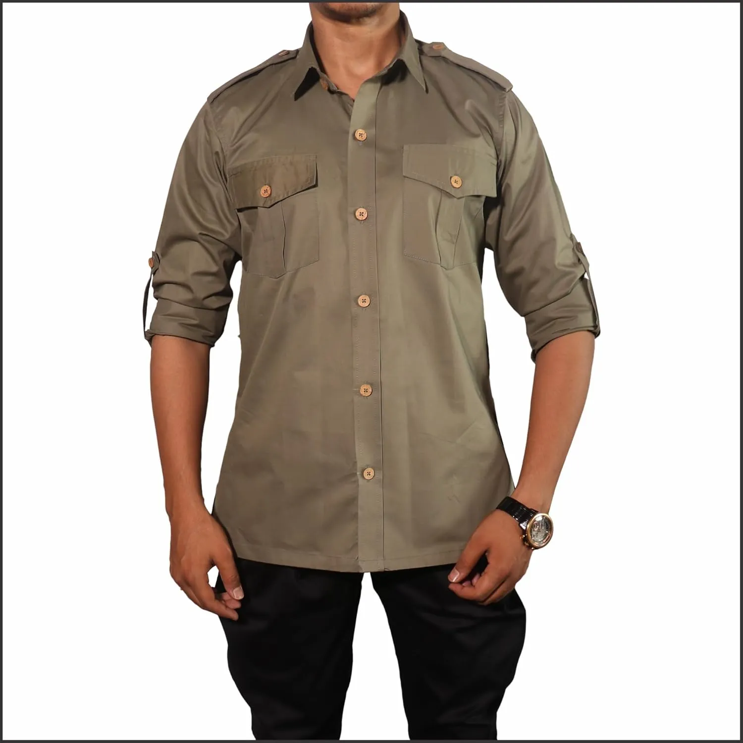 Men's Cotton 2 Pocket Hunting Safari Shirt with Coconut Shell Buttons Quick Dry Hiking Travel Fishing Long Sleeve Cargo Style