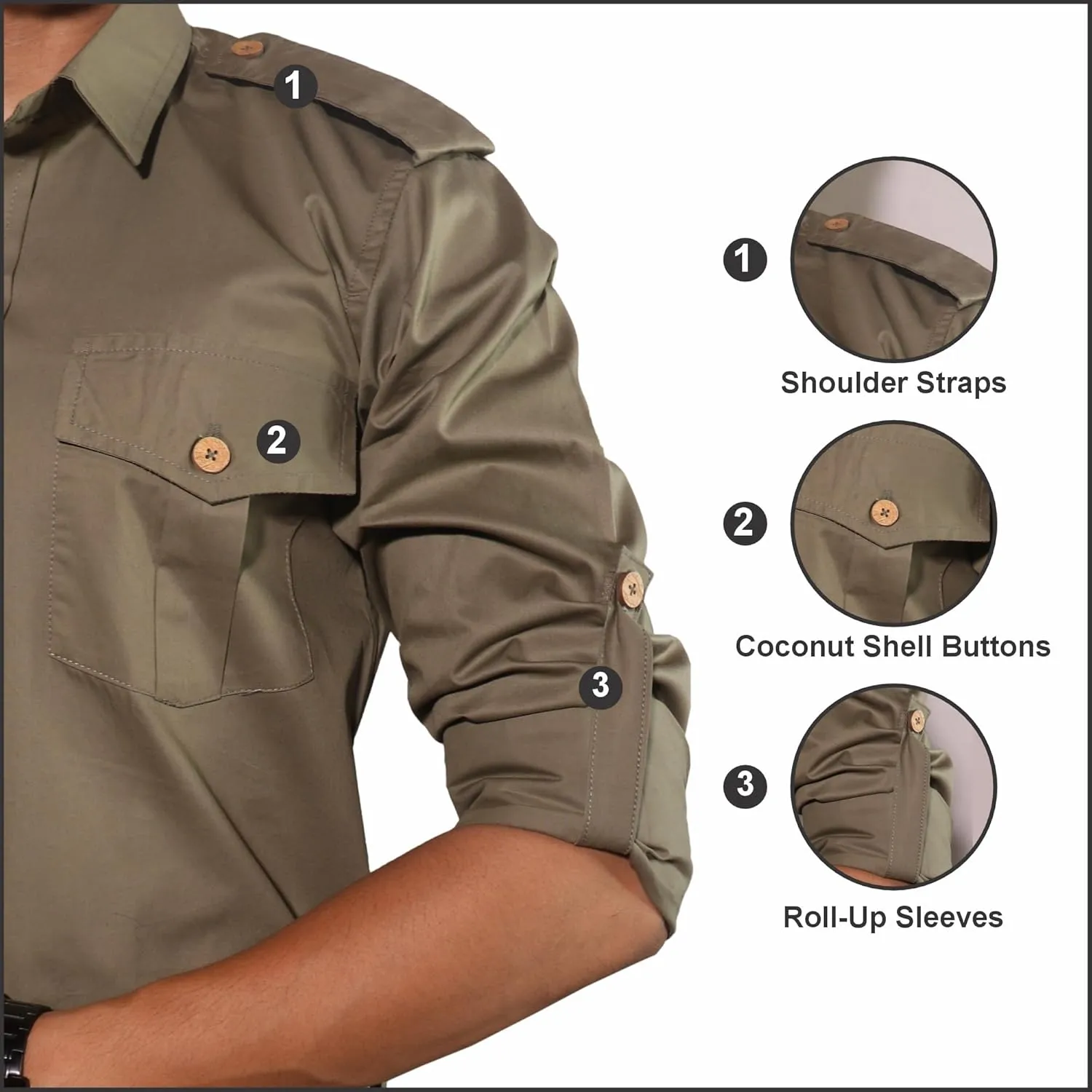 Men's Cotton 2 Pocket Hunting Safari Shirt with Coconut Shell Buttons Quick Dry Hiking Travel Fishing Long Sleeve Cargo Style
