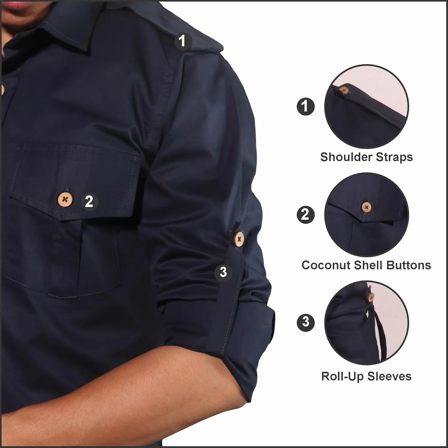 Men's Cotton 4 Pocket Hunting Safari Shirt with Coconut Shell Buttons Quick Dry Hiking Travel Fishing Long Sleeve Cargo Style