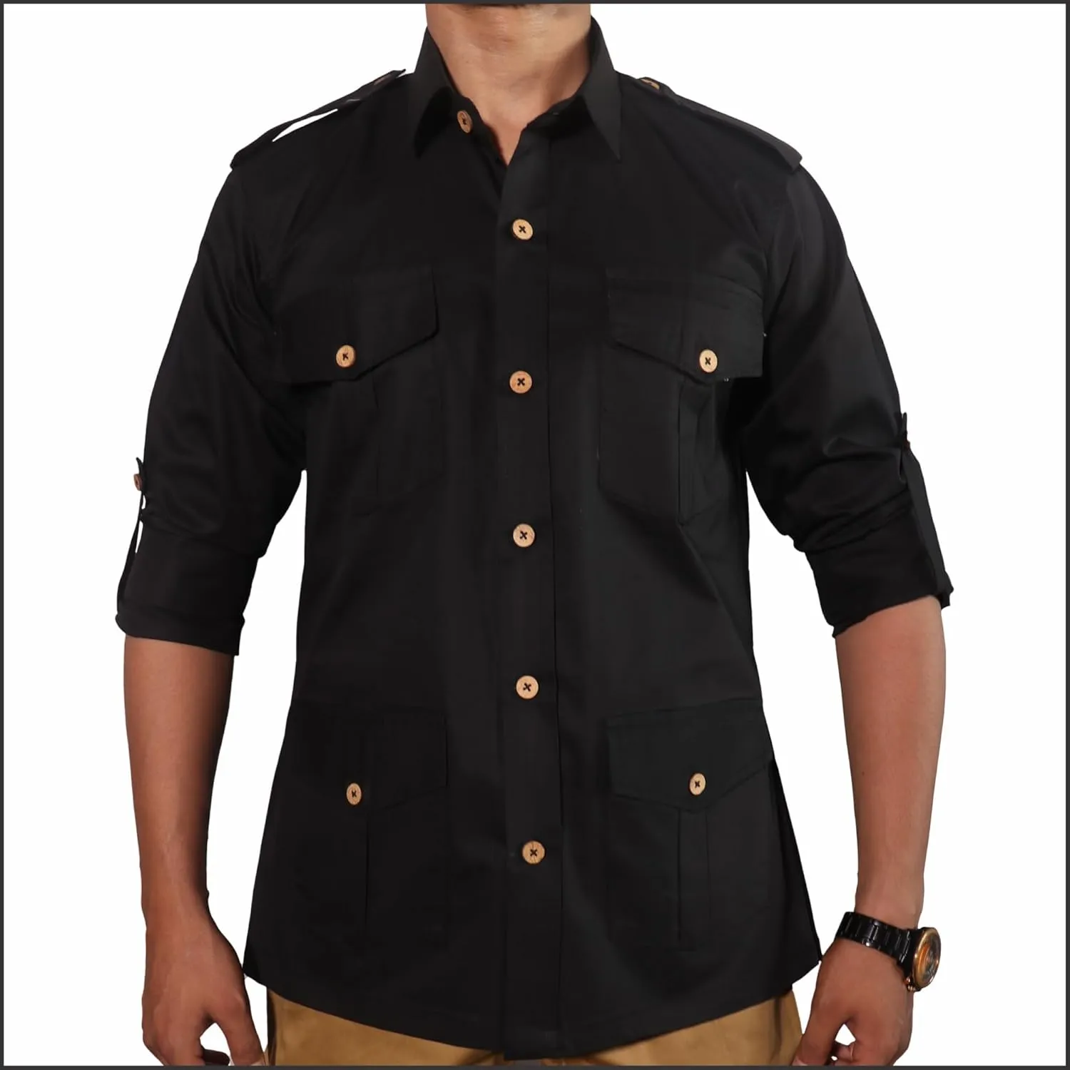 Men's Cotton 4 Pocket Hunting Safari Shirt with Coconut Shell Buttons Quick Dry Hiking Travel Fishing Long Sleeve Cargo Style