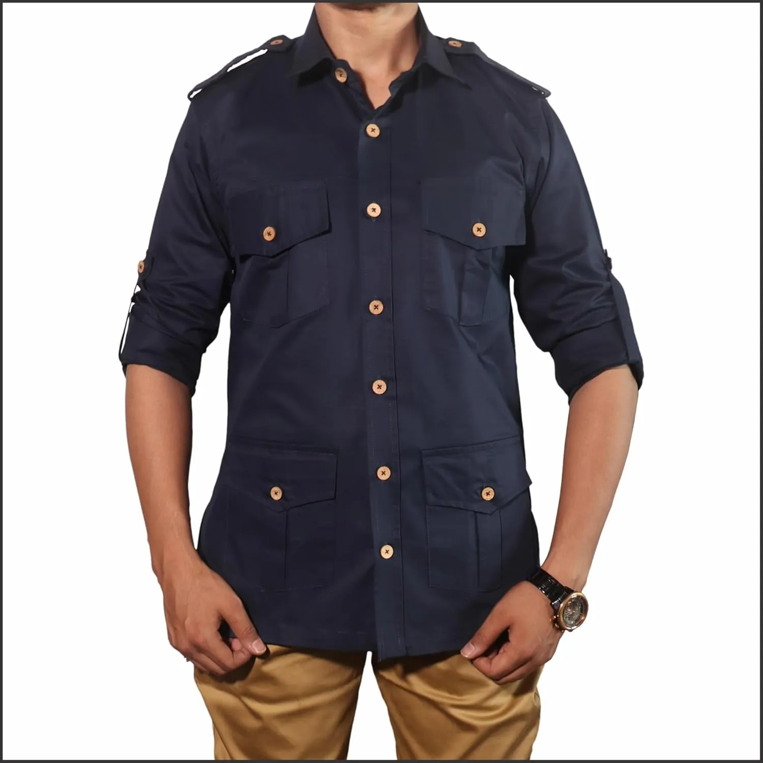 Men's Cotton 4 Pocket Hunting Safari Shirt with Coconut Shell Buttons Quick Dry Hiking Travel Fishing Long Sleeve Cargo Style