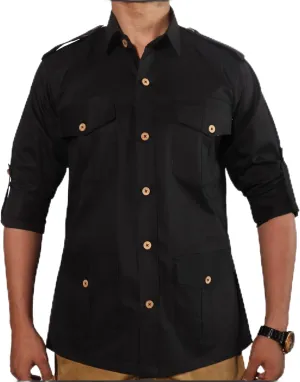 Men's Cotton 4 Pocket Hunting Safari Shirt with Coconut Shell Buttons Quick Dry Hiking Travel Fishing Long Sleeve Cargo Style