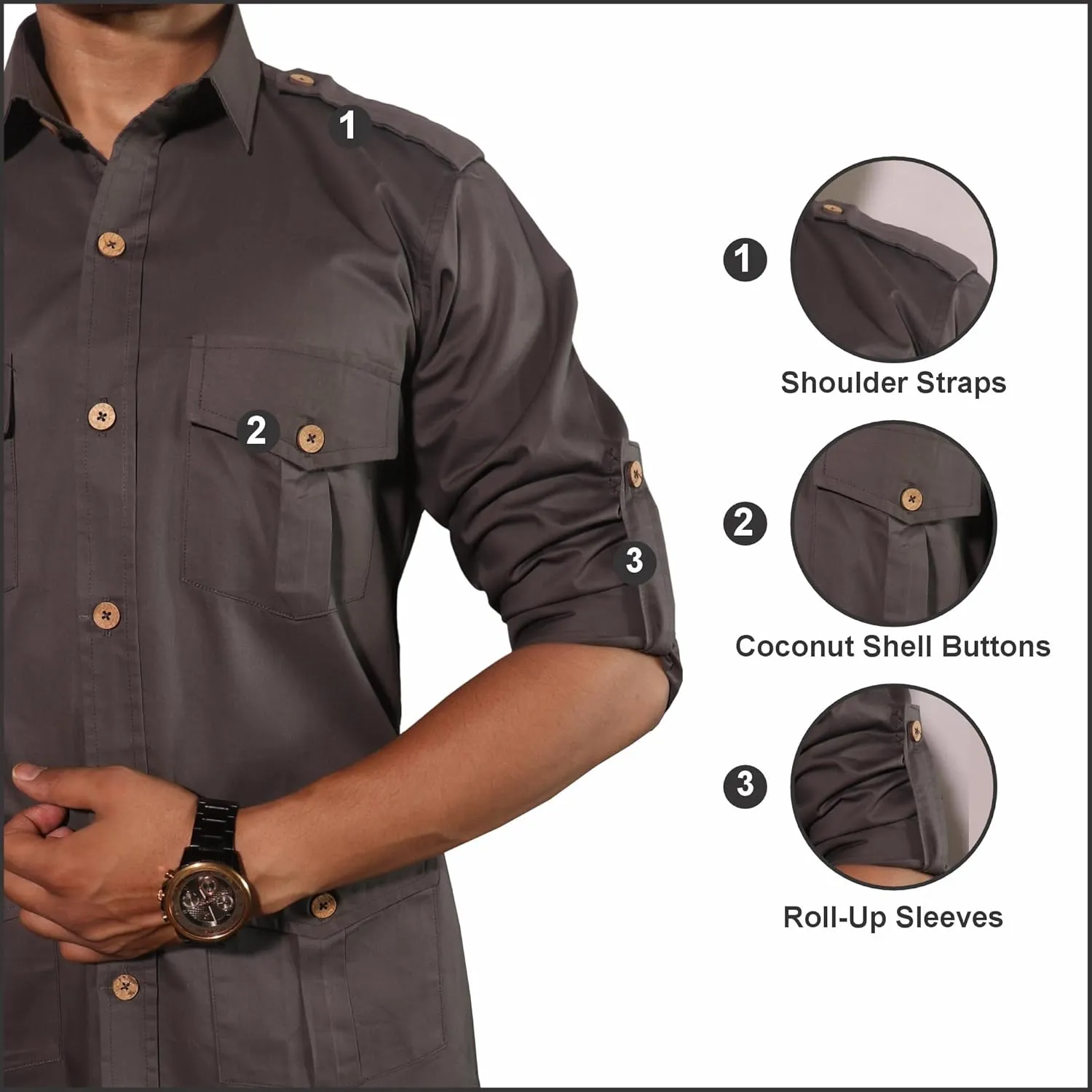 Men's Cotton 4 Pocket Hunting Safari Shirt with Coconut Shell Buttons Quick Dry Hiking Travel Fishing Long Sleeve Cargo Style