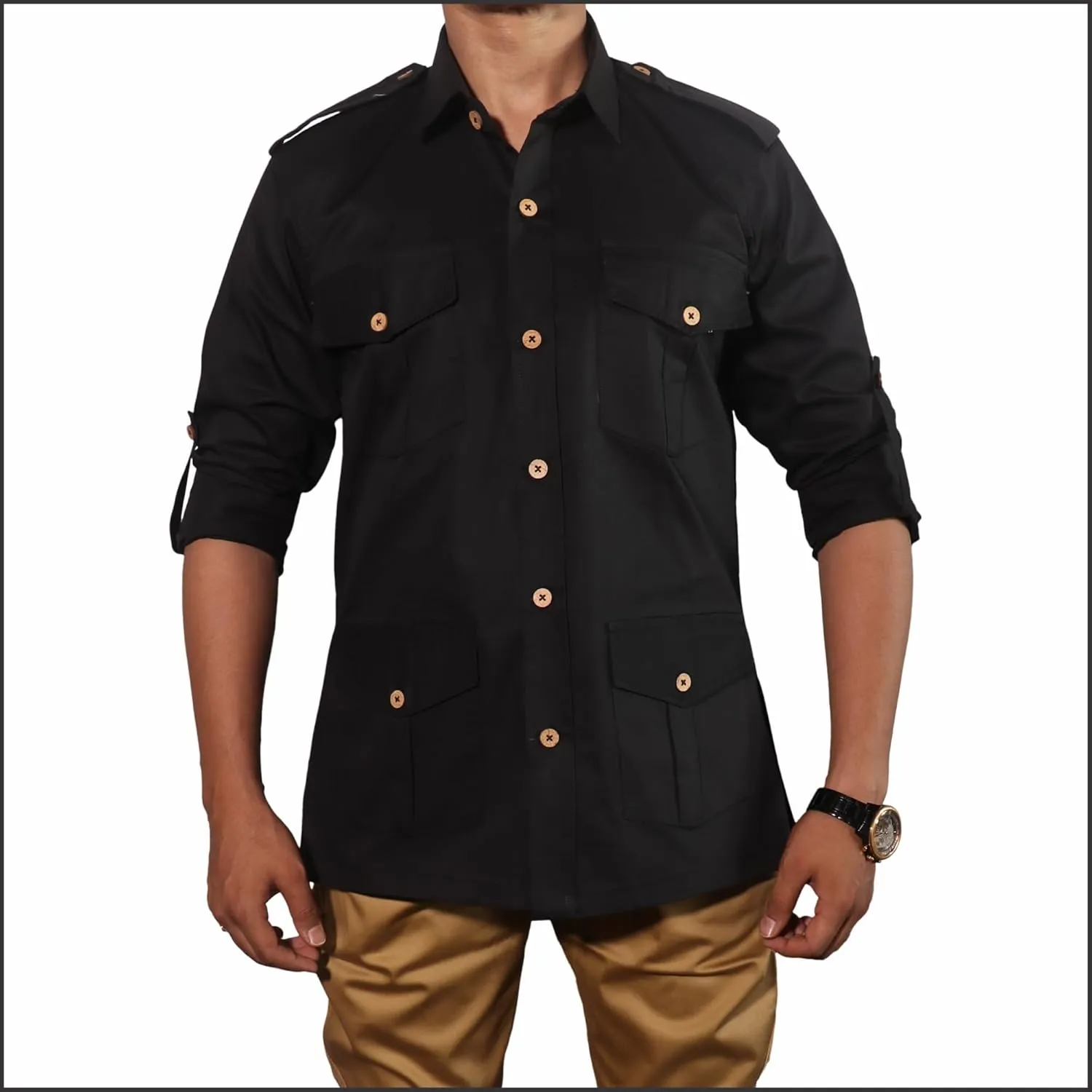 Men's Cotton 4 Pocket Hunting Safari Shirt with Coconut Shell Buttons Quick Dry Hiking Travel Fishing Long Sleeve Cargo Style