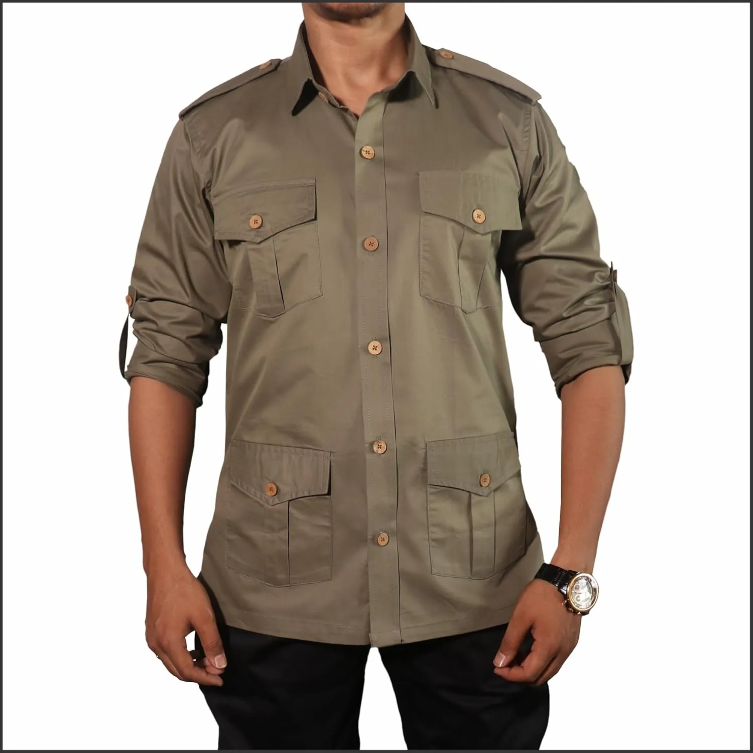 Men's Cotton 4 Pocket Hunting Safari Shirt with Coconut Shell Buttons Quick Dry Hiking Travel Fishing Long Sleeve Cargo Style