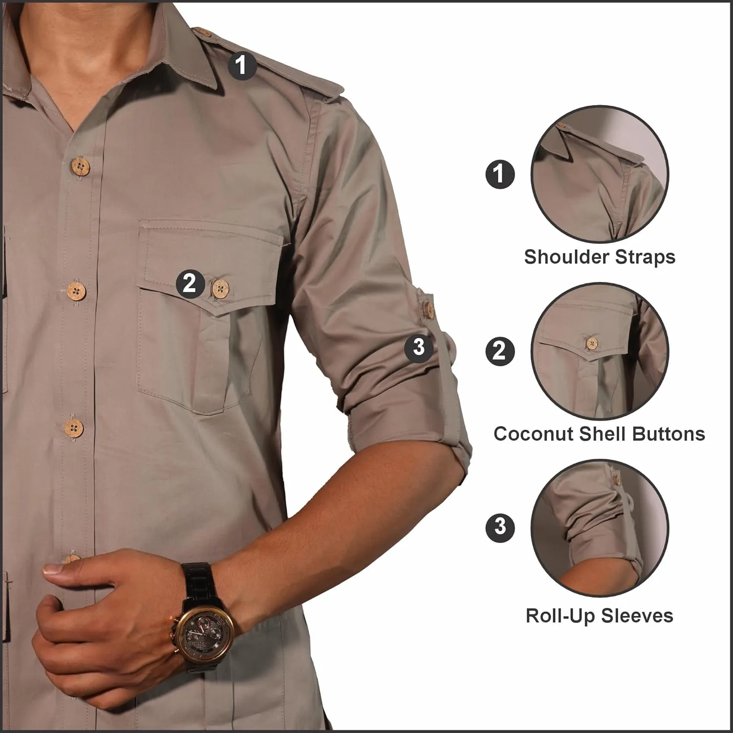 Men's Cotton 4 Pocket Hunting Safari Shirt with Coconut Shell Buttons Quick Dry Hiking Travel Fishing Long Sleeve Cargo Style