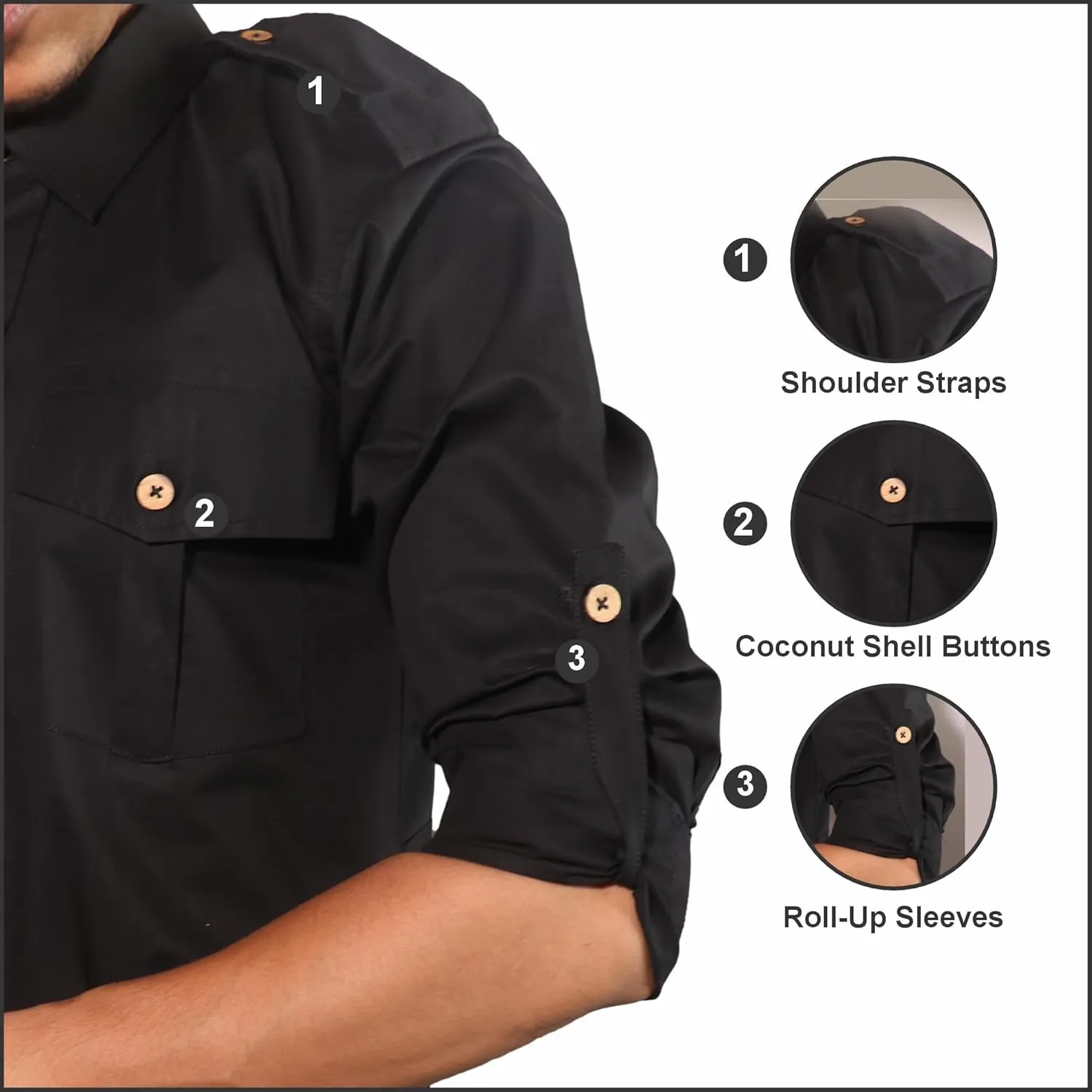Men's Cotton 4 Pocket Hunting Safari Shirt with Coconut Shell Buttons Quick Dry Hiking Travel Fishing Long Sleeve Cargo Style