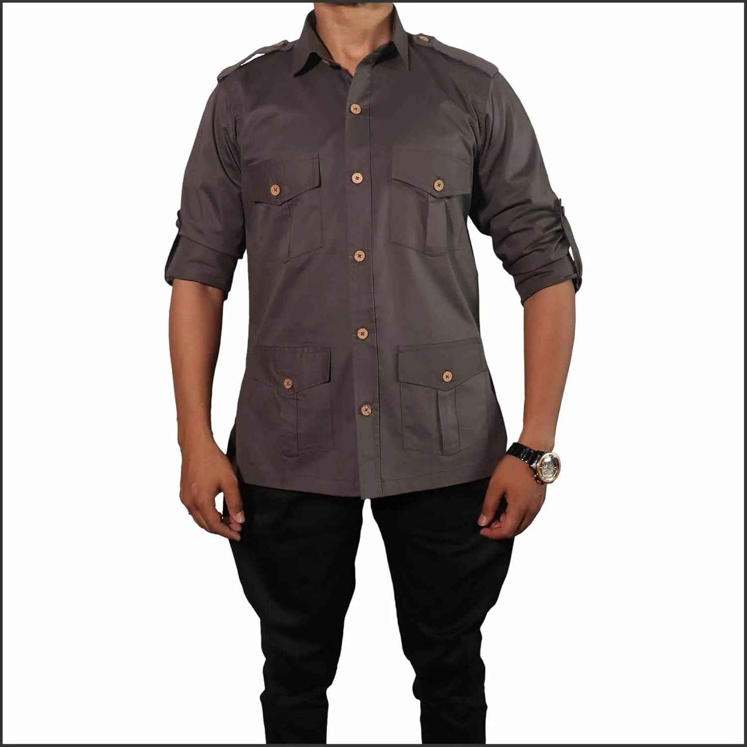 Men's Cotton 4 Pocket Hunting Safari Shirt with Coconut Shell Buttons Quick Dry Hiking Travel Fishing Long Sleeve Cargo Style