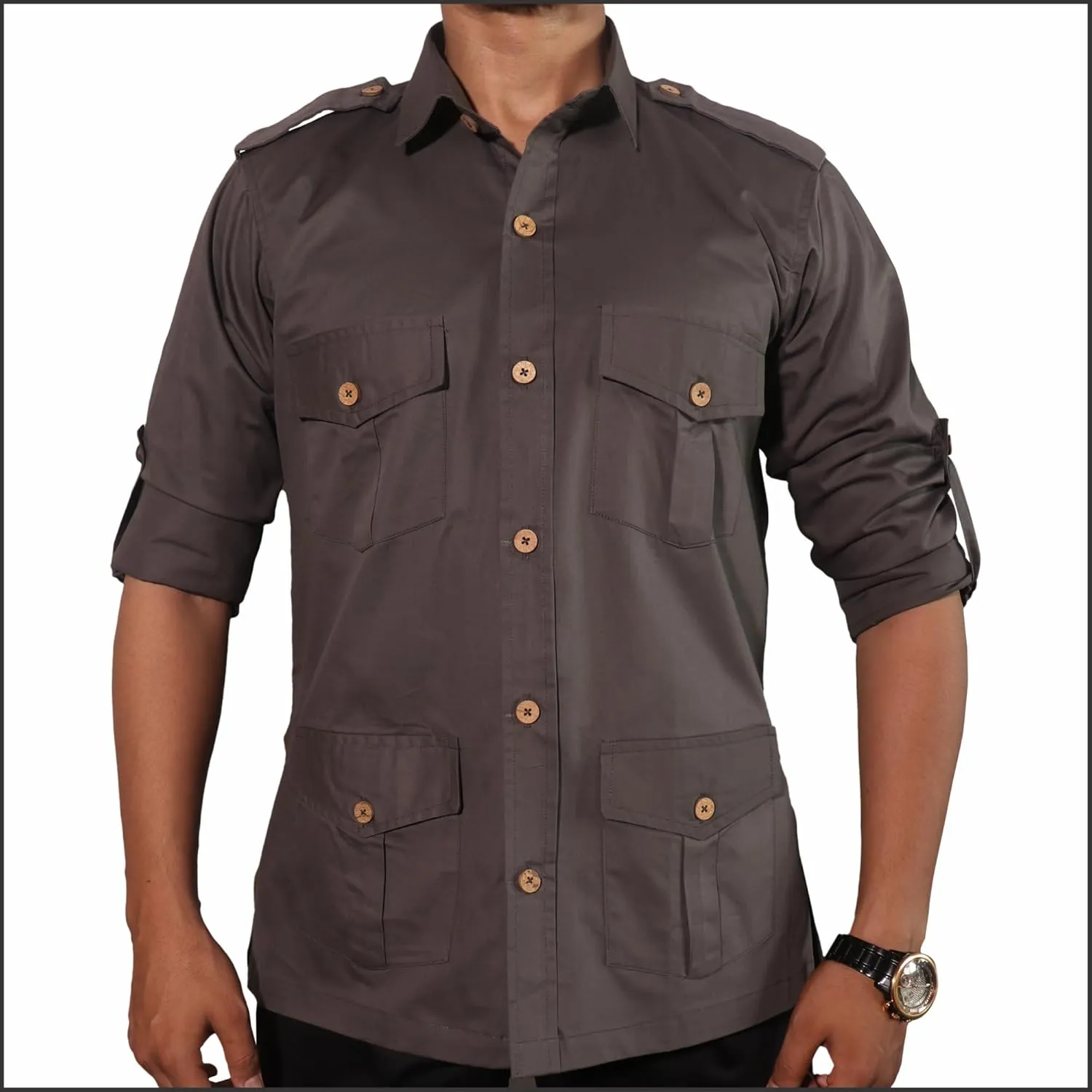 Men's Cotton 4 Pocket Hunting Safari Shirt with Coconut Shell Buttons Quick Dry Hiking Travel Fishing Long Sleeve Cargo Style