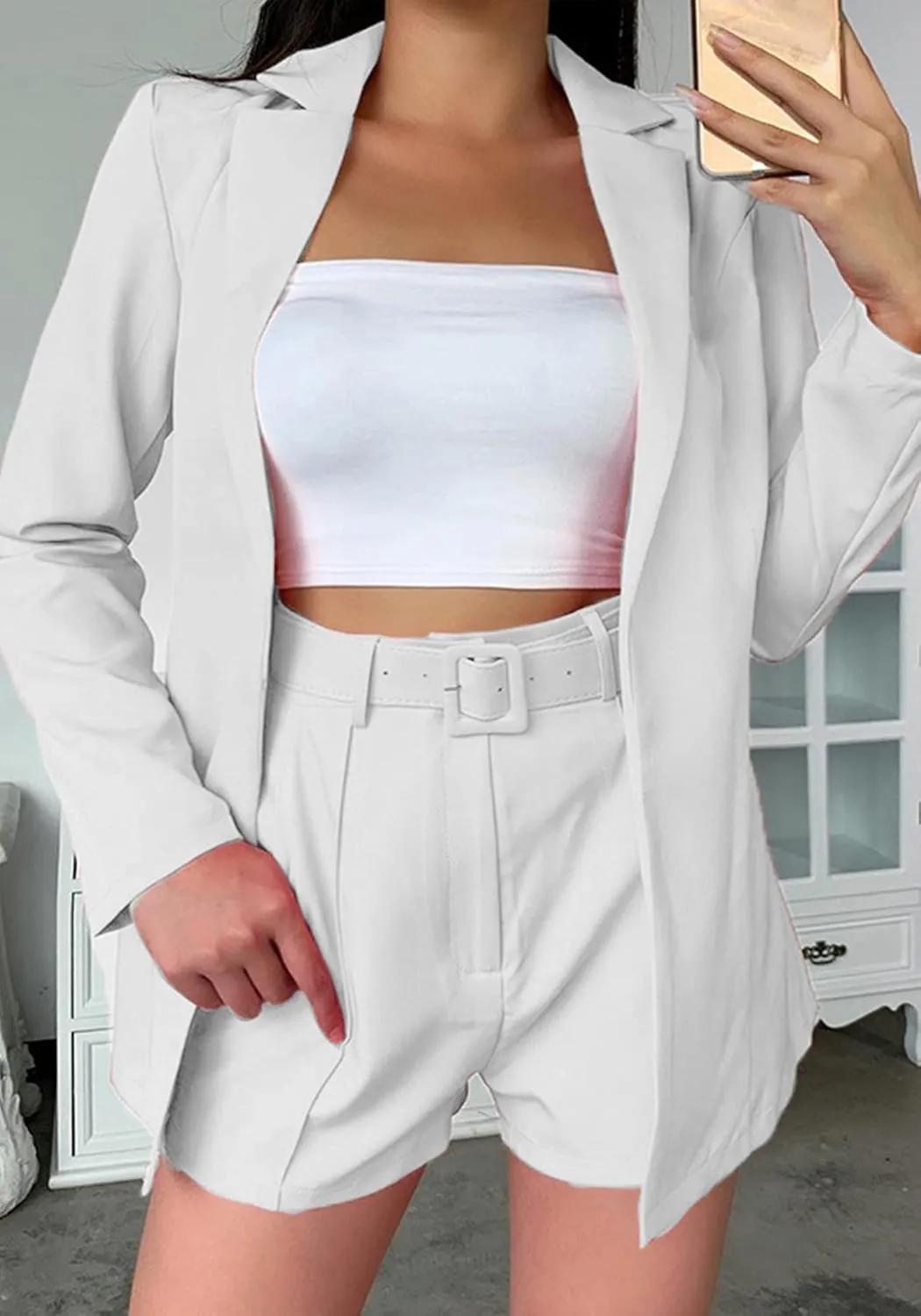NRTHYE Women 2 Piece Outfits Long Sleeve Blazer & Short Suits Casual Tops & Bottoms Set