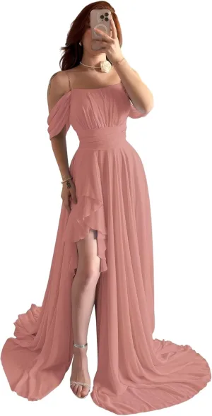 Off The Shoulder Chiffon Bridesmaid Dresses Spaghetti Straps Corset A-Line Black Formal Dress with Slit