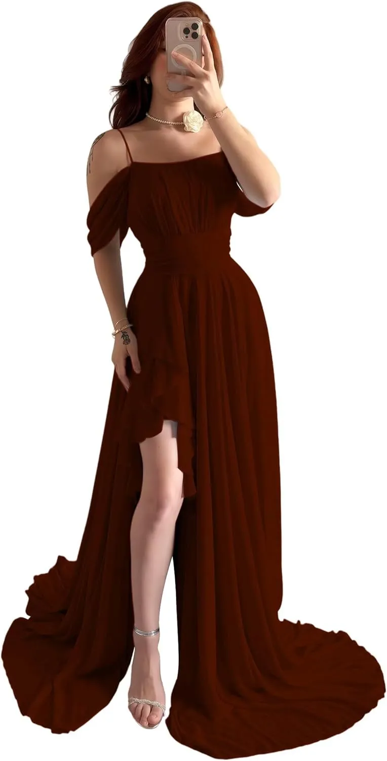 Off The Shoulder Chiffon Bridesmaid Dresses Spaghetti Straps Corset A-Line Black Formal Dress with Slit