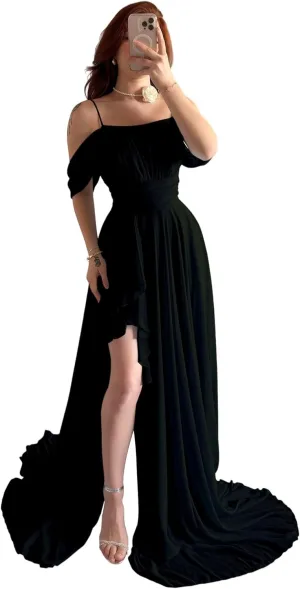 Off The Shoulder Chiffon Bridesmaid Dresses Spaghetti Straps Corset A-Line Black Formal Dress with Slit