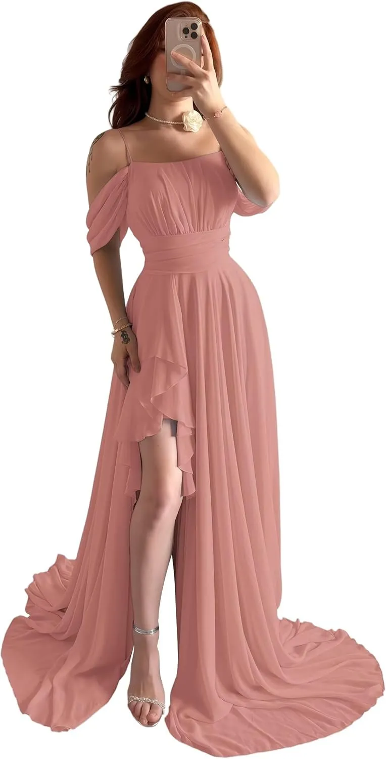 Off The Shoulder Chiffon Bridesmaid Dresses Spaghetti Straps Corset A-Line Black Formal Dress with Slit