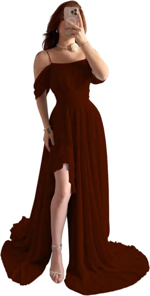 Off The Shoulder Chiffon Bridesmaid Dresses Spaghetti Straps Corset A-Line Black Formal Dress with Slit