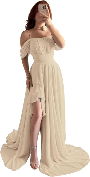Off The Shoulder Chiffon Bridesmaid Dresses Spaghetti Straps Corset A-Line Black Formal Dress with Slit