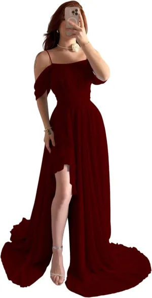 Off The Shoulder Chiffon Bridesmaid Dresses Spaghetti Straps Corset A-Line Black Formal Dress with Slit