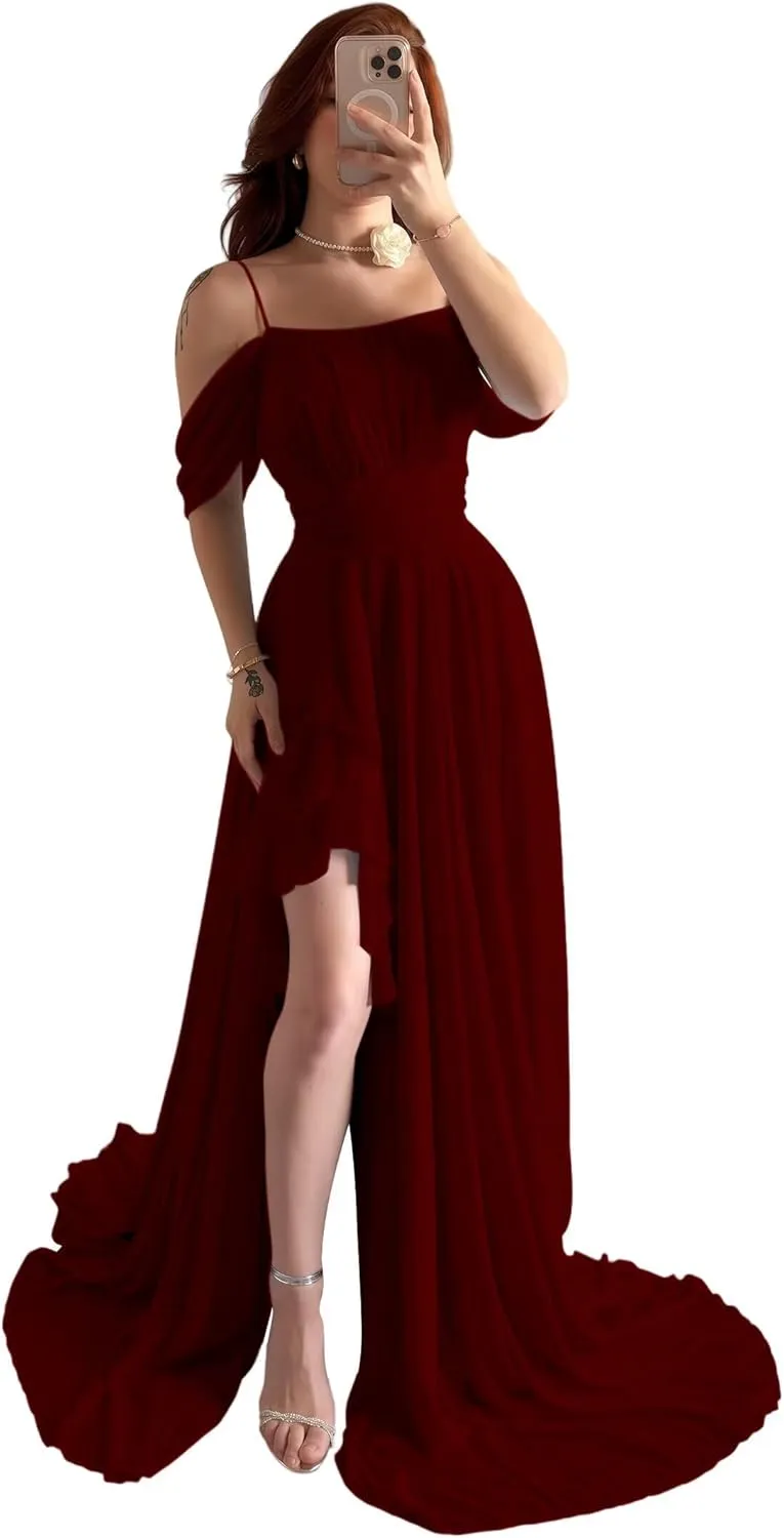 Off The Shoulder Chiffon Bridesmaid Dresses Spaghetti Straps Corset A-Line Black Formal Dress with Slit