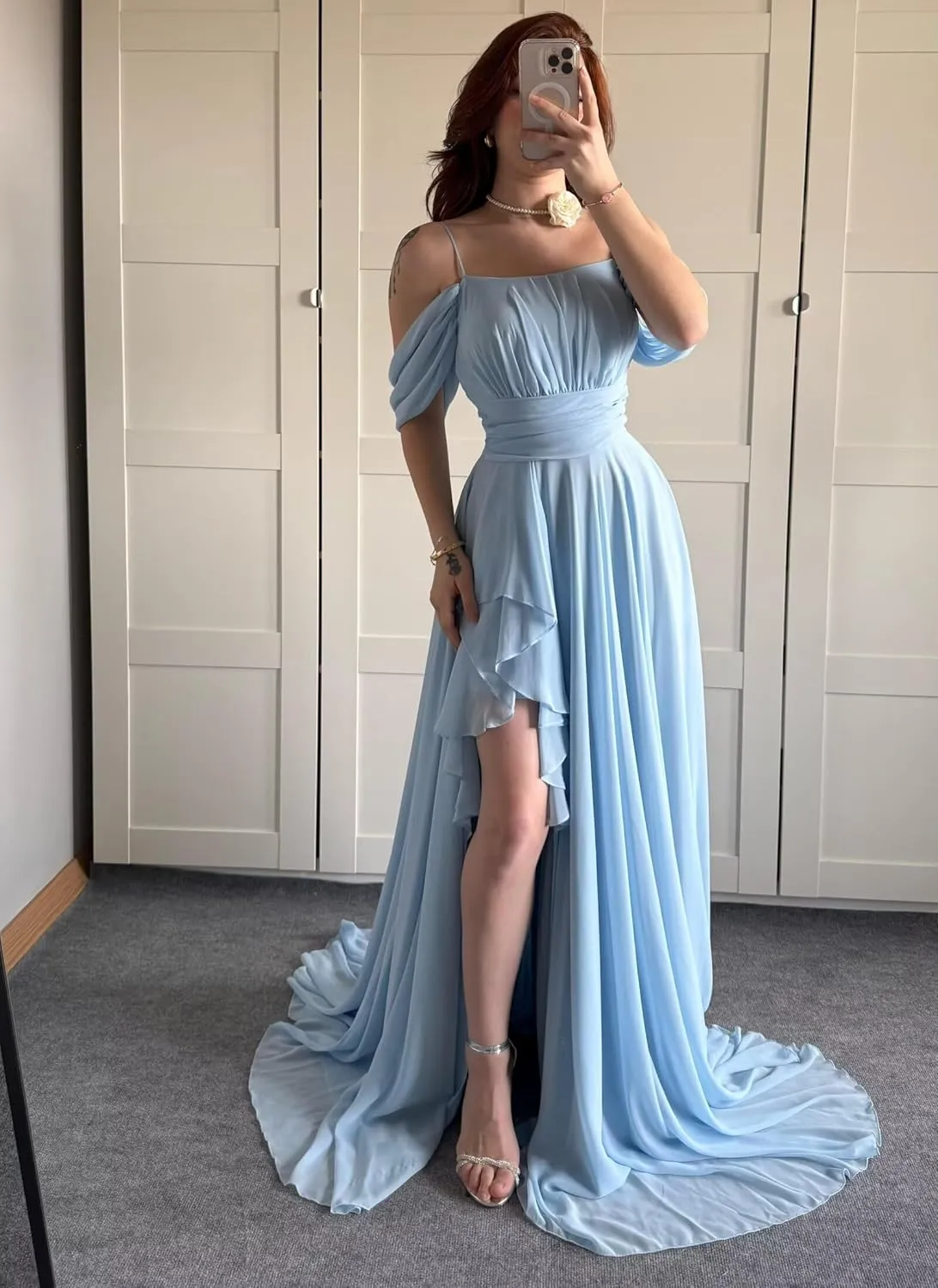 Off The Shoulder Chiffon Bridesmaid Dresses Spaghetti Straps Corset A-Line Black Formal Dress with Slit