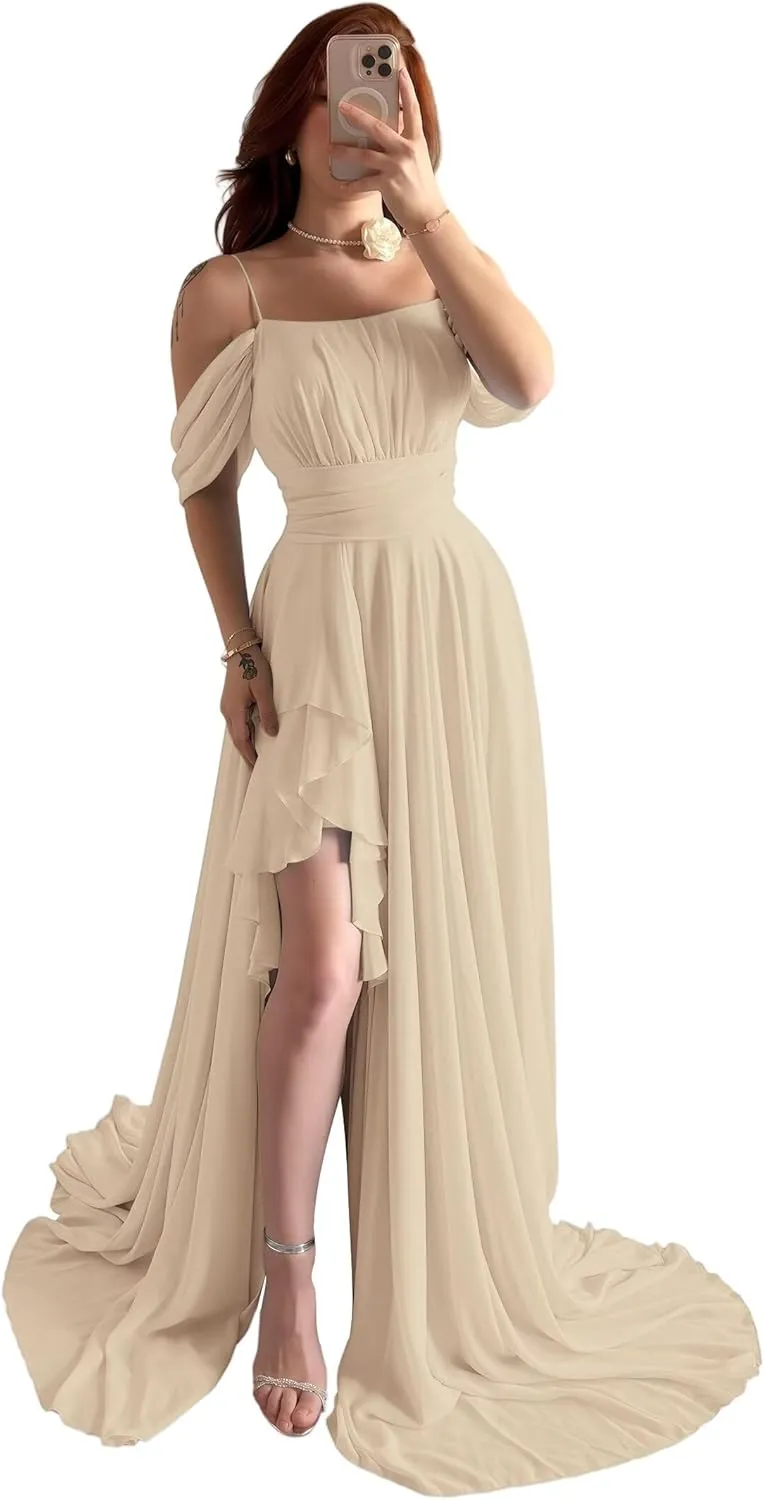 Off The Shoulder Chiffon Bridesmaid Dresses Spaghetti Straps Corset A-Line Black Formal Dress with Slit
