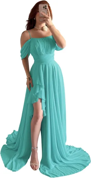 Off The Shoulder Chiffon Bridesmaid Dresses Spaghetti Straps Corset A-Line Black Formal Dress with Slit