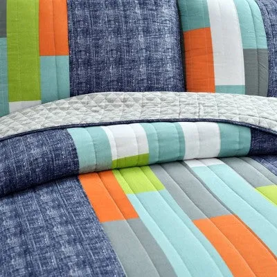 Open Box - 2pc Twin Shelly Stripe Quilt Set Navy/Orange - Lush Décor