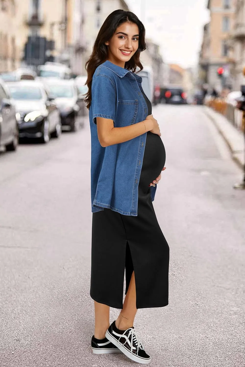 OUGES Womens 2025 Summer Maternity Clothes Short Sleeve Jean Jacket Button Down Pregnancy Denim Shirt Casual Tops
