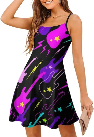 Pattern with Guitars Women's Sling Dress Sleeveless Sexy Summer Backless Beach Sundress