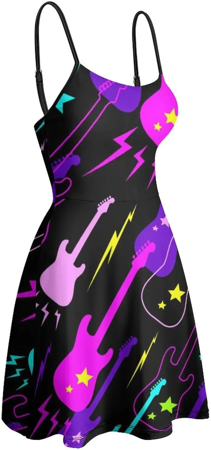 Pattern with Guitars Women's Sling Dress Sleeveless Sexy Summer Backless Beach Sundress