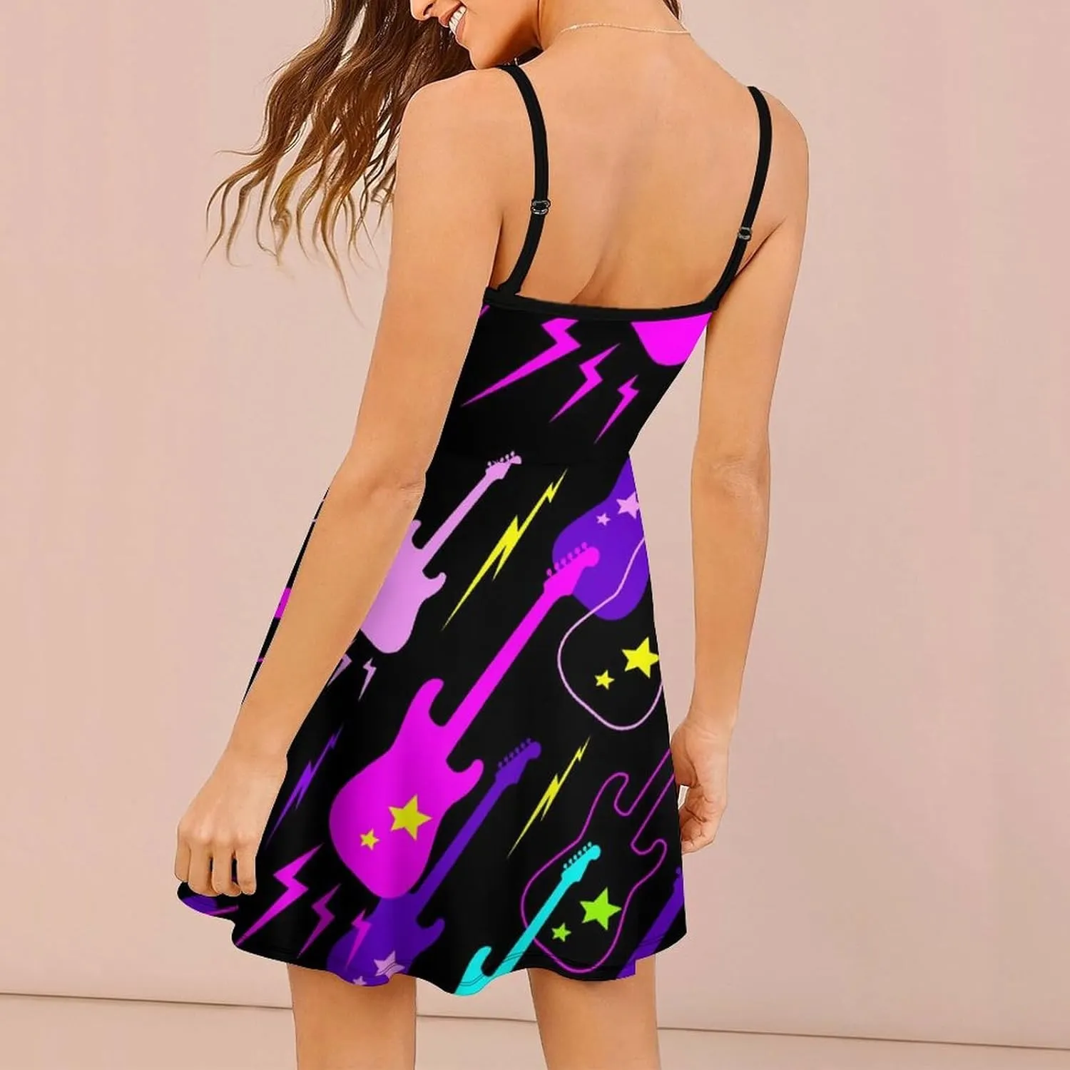 Pattern with Guitars Women's Sling Dress Sleeveless Sexy Summer Backless Beach Sundress