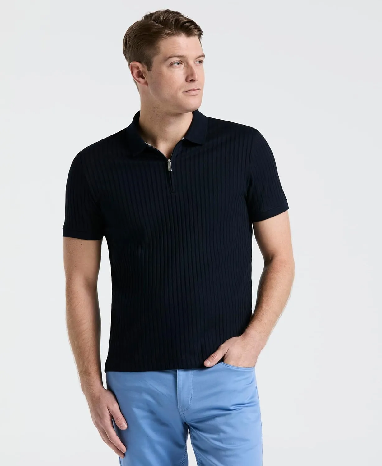 Perry Ellis Men's Quarter Zip Ribbed Polo