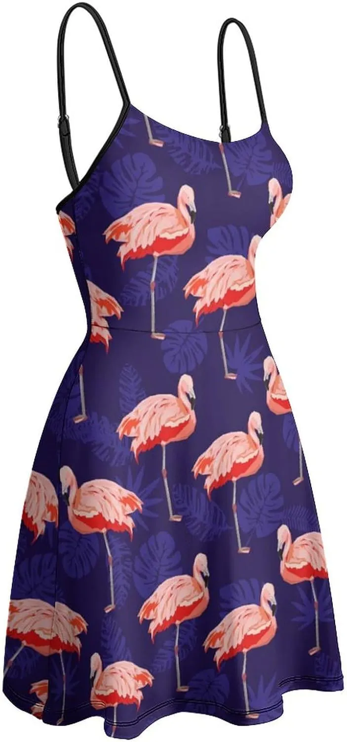 Pink Flamingo Women's Sling Dress Sleeveless Sexy Summer Backless Beach Sundress