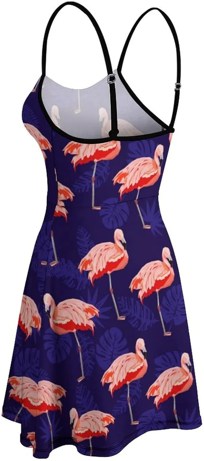 Pink Flamingo Women's Sling Dress Sleeveless Sexy Summer Backless Beach Sundress