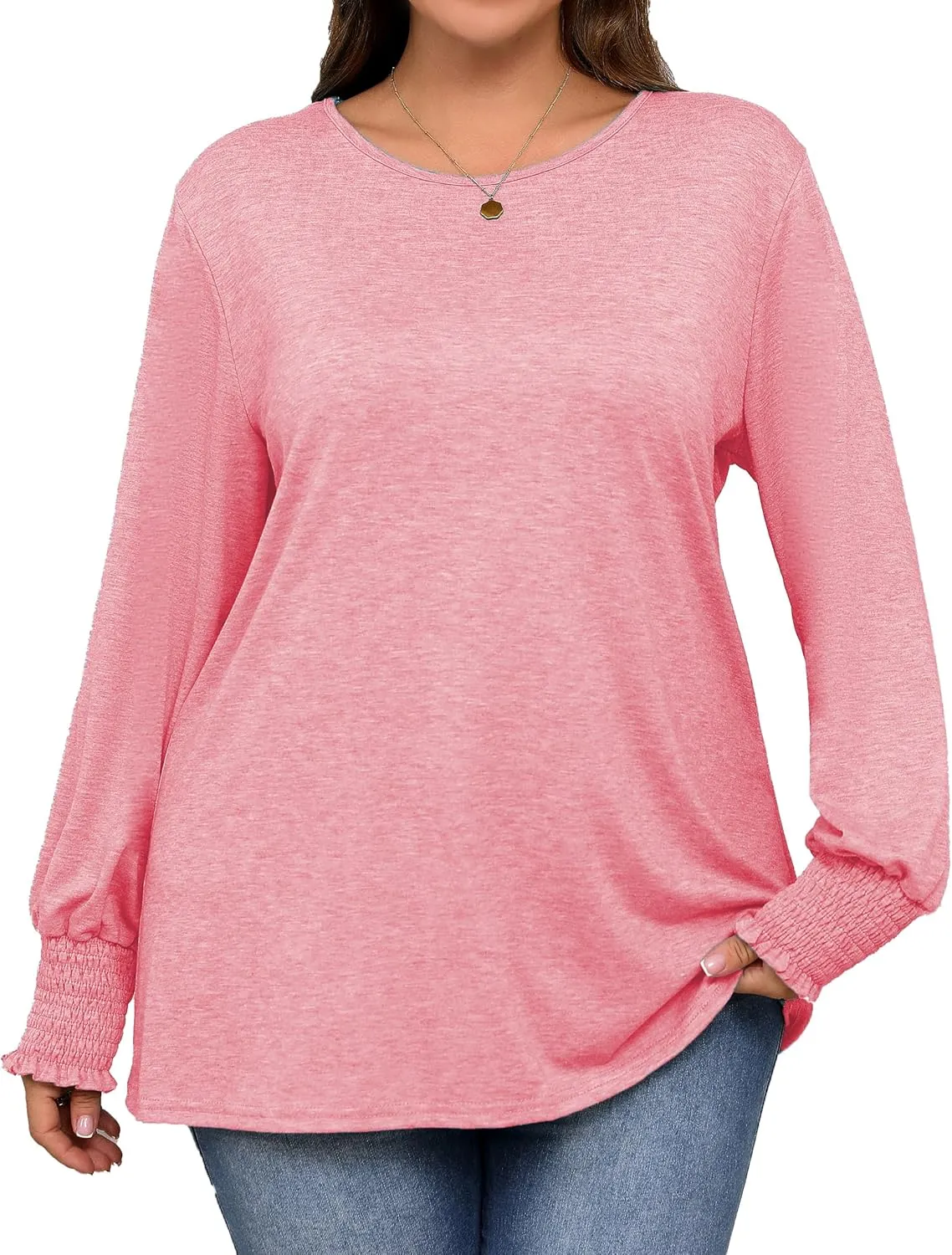 Plus Size Long Sleeve Shirts Womens Trendy Ribbed Sleeve Tshirts Loose Fit Casual Tops