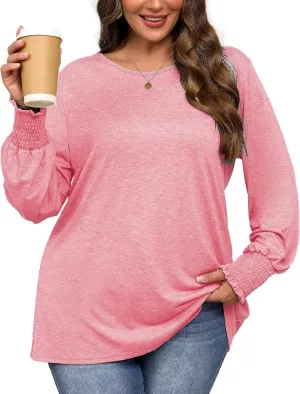 Plus Size Long Sleeve Shirts Womens Trendy Ribbed Sleeve Tshirts Loose Fit Casual Tops