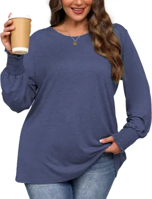 Plus Size Long Sleeve Shirts Womens Trendy Ribbed Sleeve Tshirts Loose Fit Casual Tops