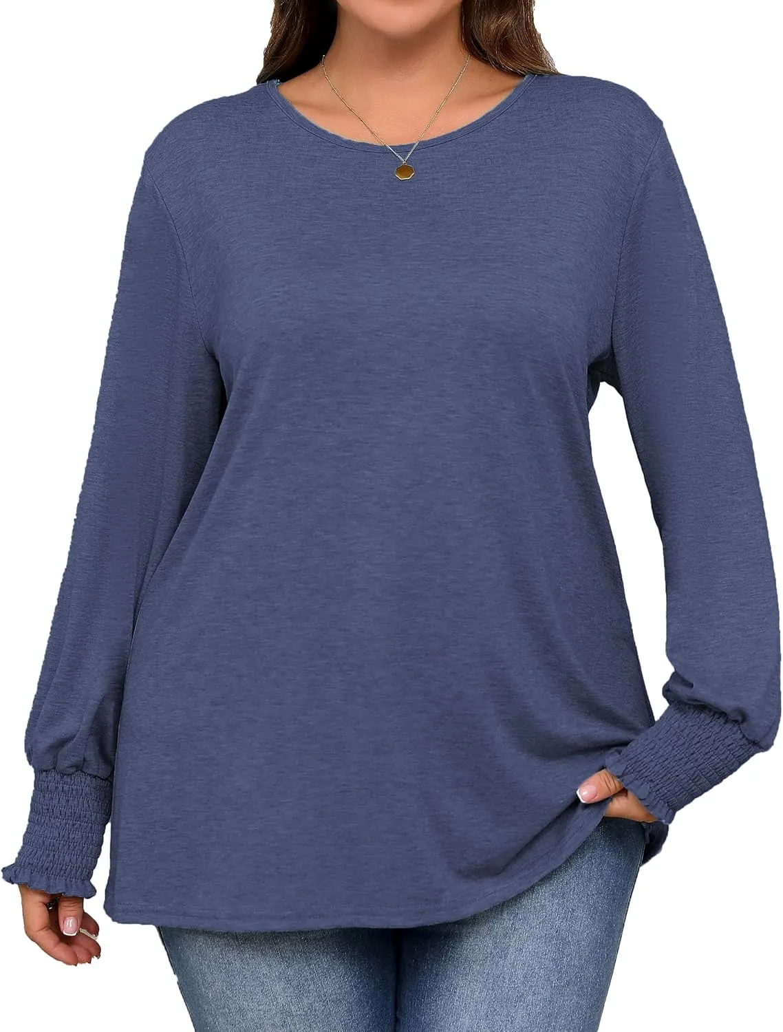 Plus Size Long Sleeve Shirts Womens Trendy Ribbed Sleeve Tshirts Loose Fit Casual Tops