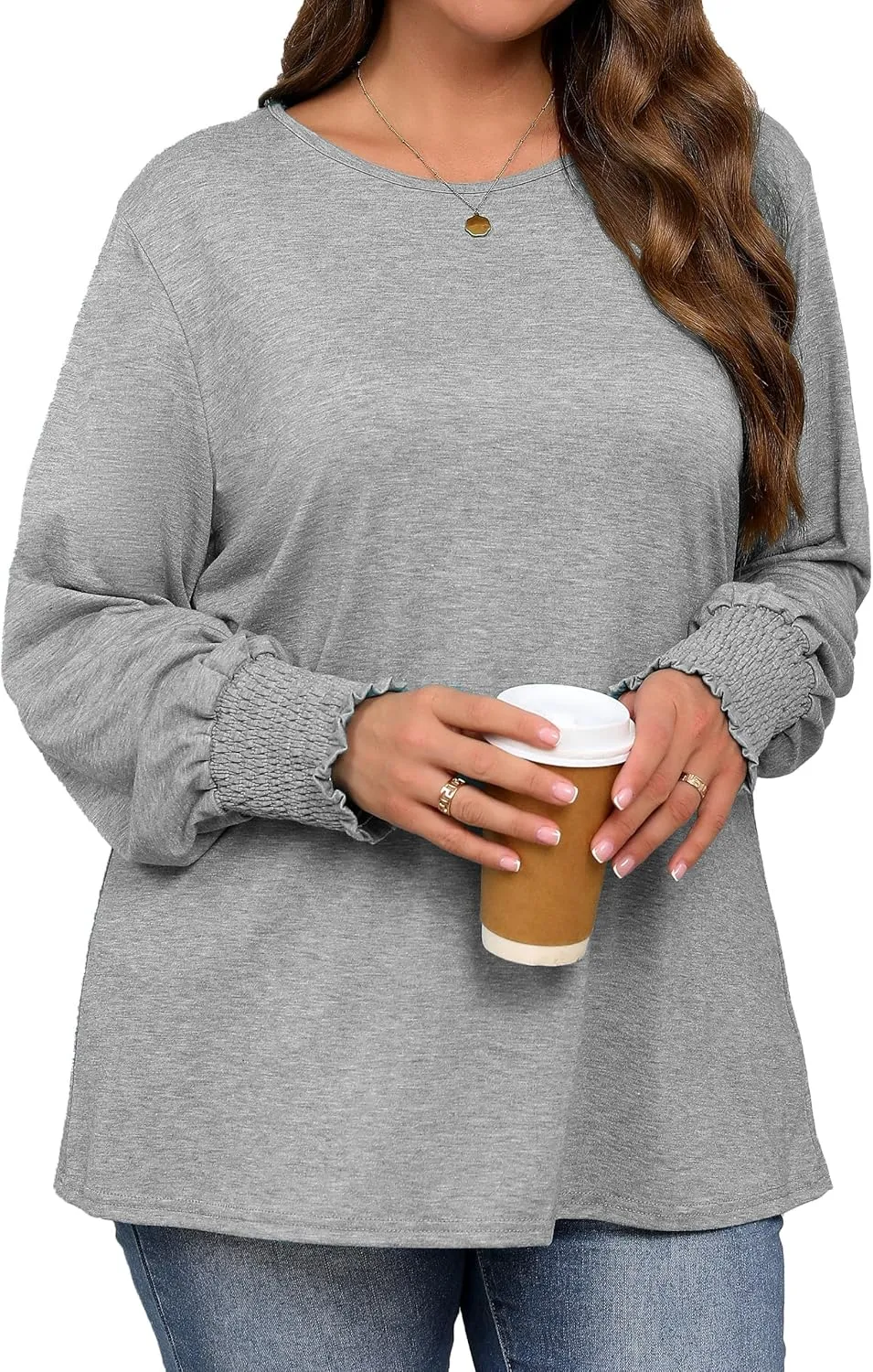 Plus Size Long Sleeve Shirts Womens Trendy Ribbed Sleeve Tshirts Loose Fit Casual Tops