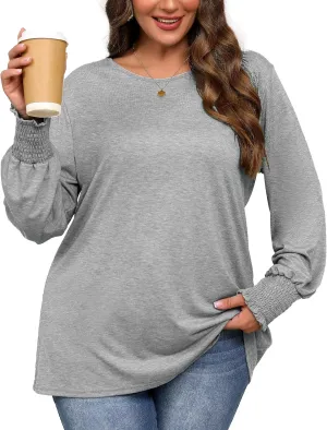 Plus Size Long Sleeve Shirts Womens Trendy Ribbed Sleeve Tshirts Loose Fit Casual Tops