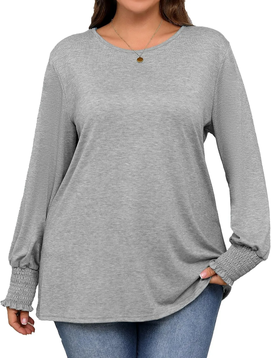 Plus Size Long Sleeve Shirts Womens Trendy Ribbed Sleeve Tshirts Loose Fit Casual Tops