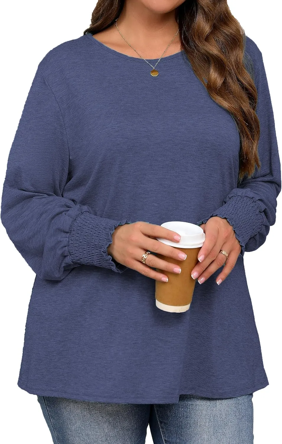 Plus Size Long Sleeve Shirts Womens Trendy Ribbed Sleeve Tshirts Loose Fit Casual Tops