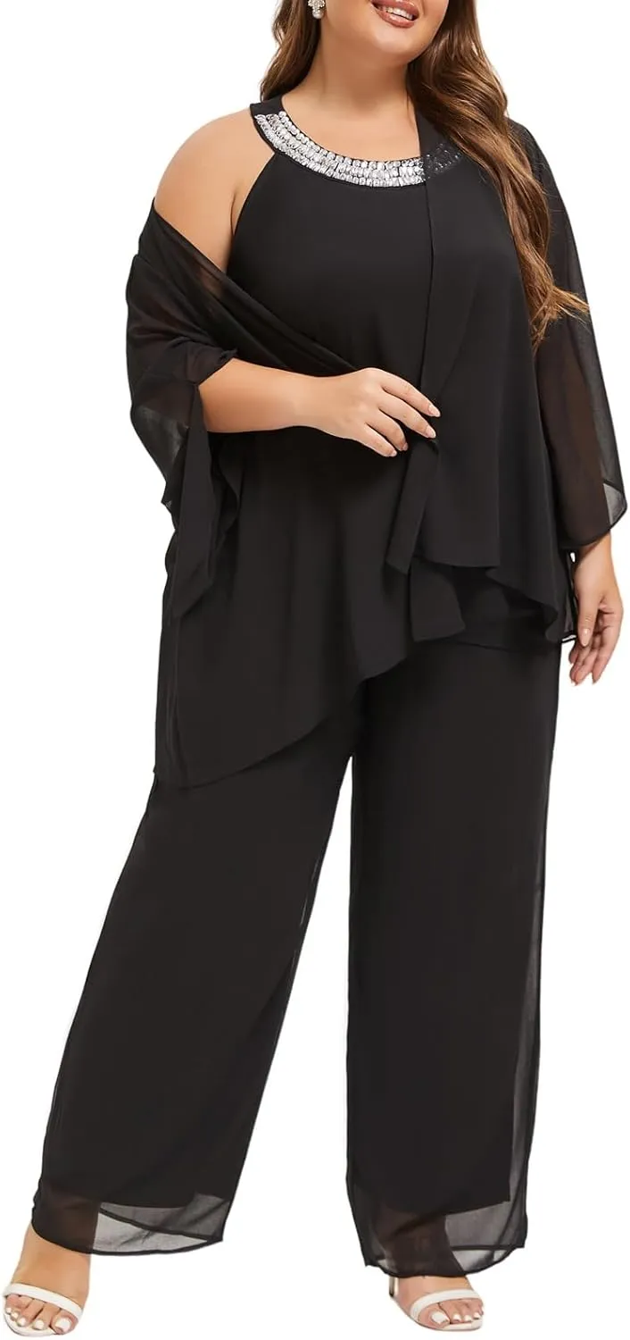 Plus Size Mother of Bride Pant Suits 3 Piece Chiffon Sets Hand Sewn Diamonds Wedding Guest Outfit
