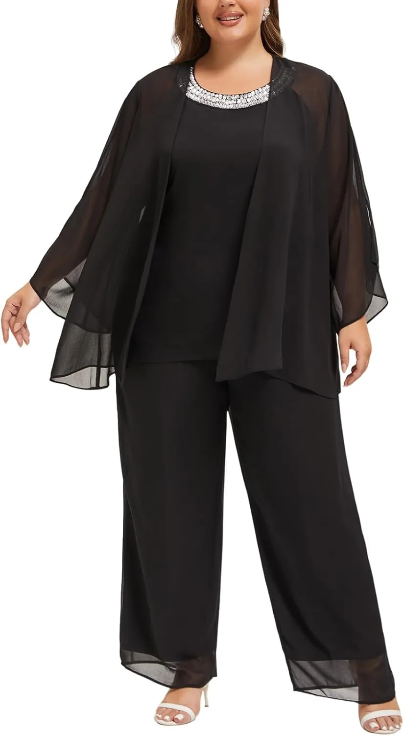 Plus Size Mother of Bride Pant Suits 3 Piece Chiffon Sets Hand Sewn Diamonds Wedding Guest Outfit