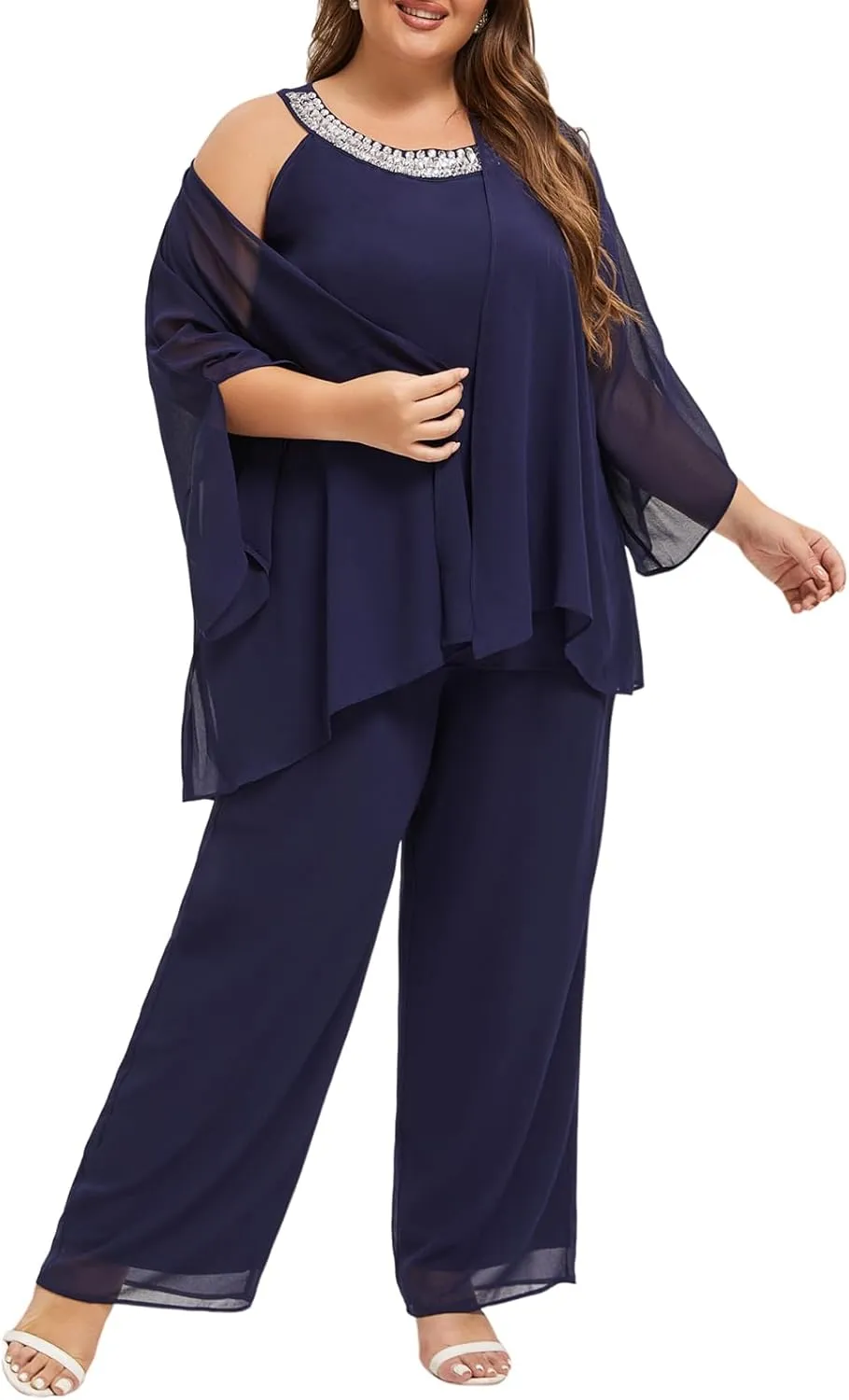 Plus Size Mother of Bride Pant Suits 3 Piece Chiffon Sets Hand Sewn Diamonds Wedding Guest Outfit